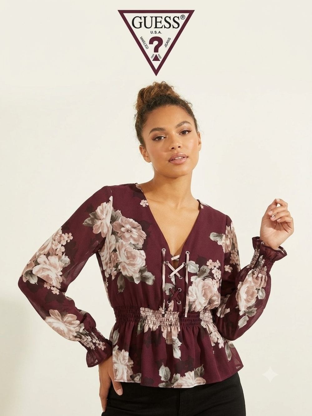 GUESS Burgundy Floral Lace-Up Long Sleeve Peplum Blouse